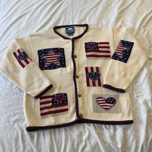 Vintage 90s Rey Wear Cotton Hand Knit Patriotic Cream Cardigan Sweater
